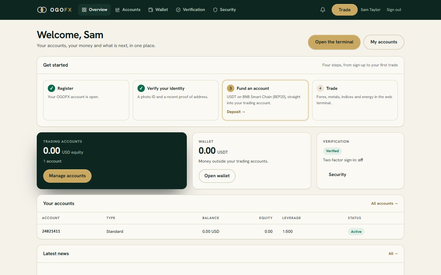 The overview page of the OGOFX client portal