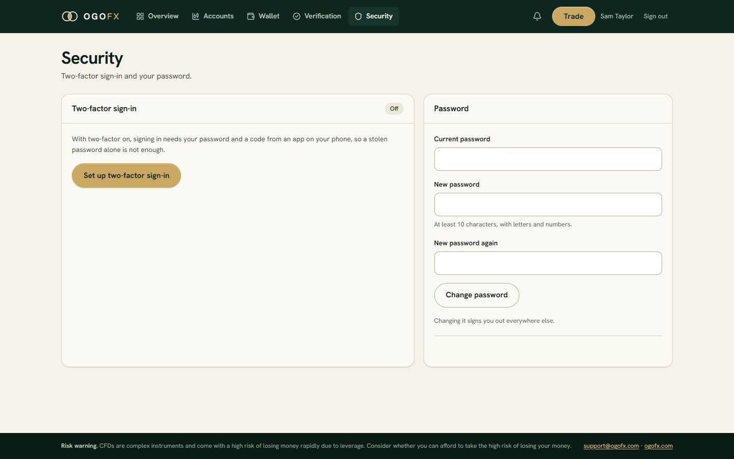 The security page of the OGOFX client portal: two-factor sign-in and the password form